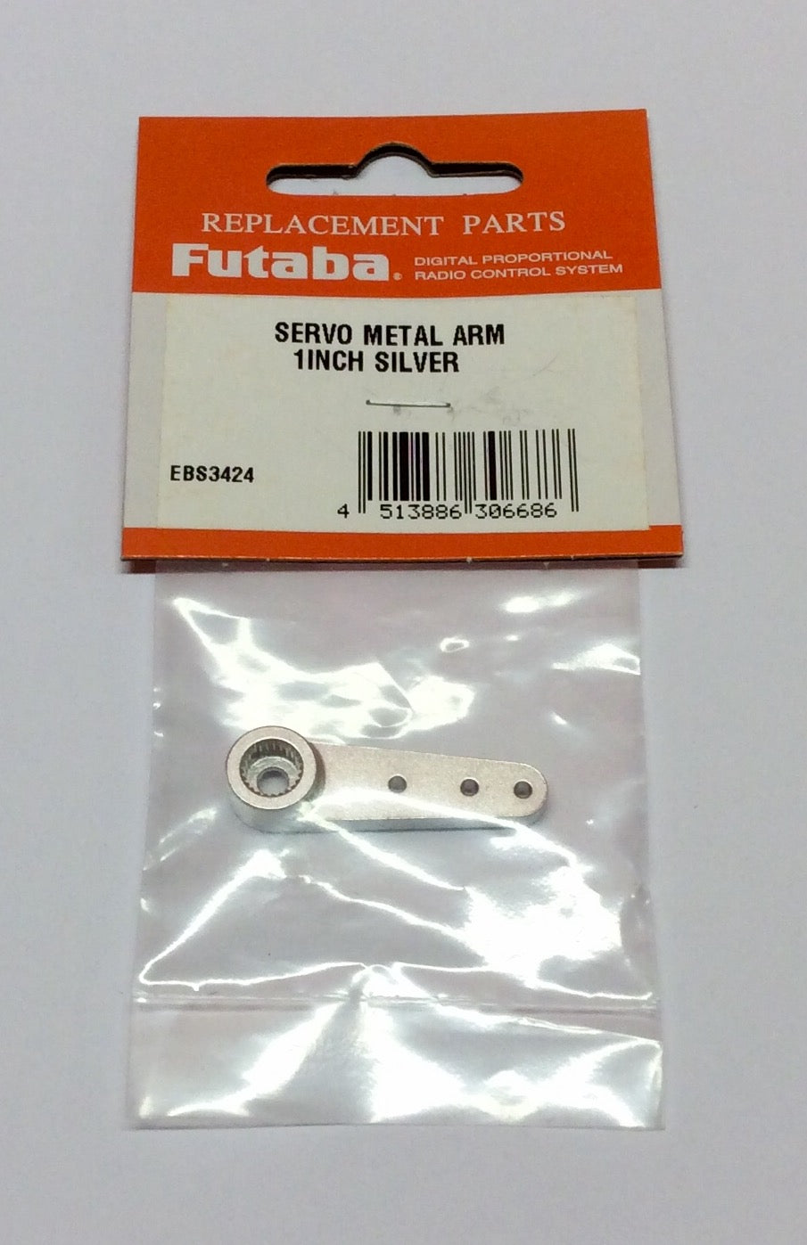 Futaba Alloy Single Servo Metal Arm 1" (25.4mm) Silver FUTEBS3424 in packaging