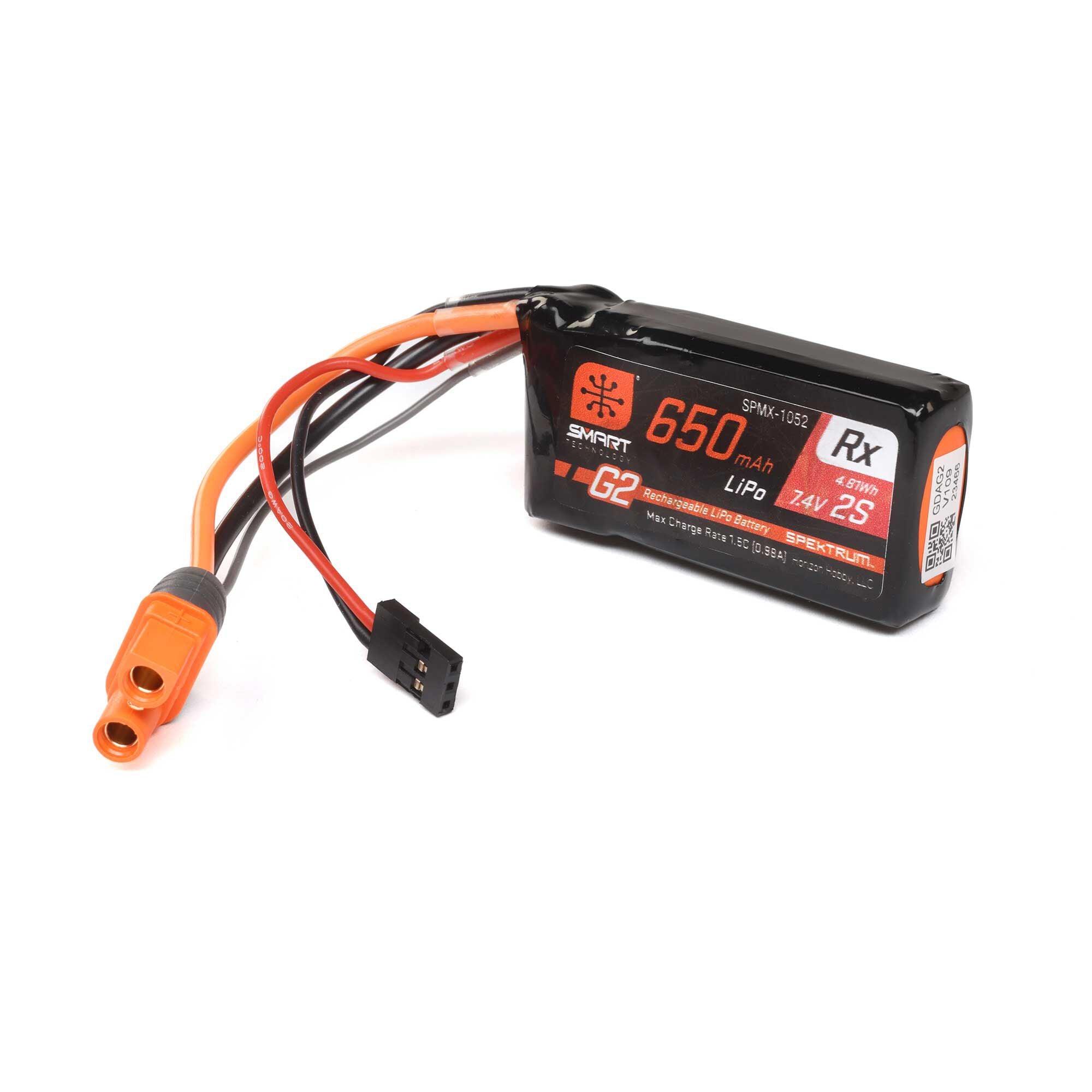 Spektrum 7.4V 650mAh 2S 15C Smart G2 Receiver LiPo Battery: IC3 SPMX-1052
