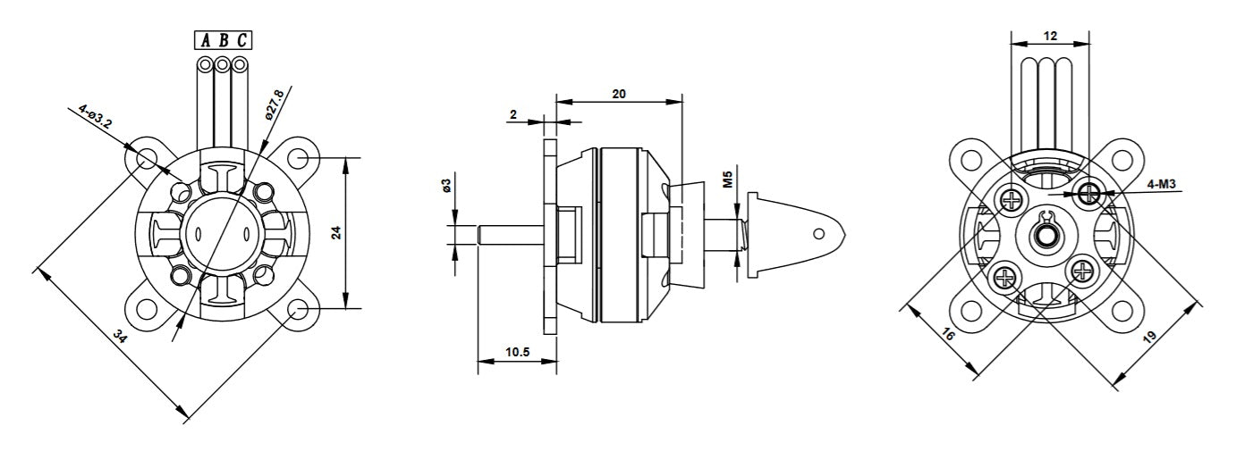Overlander 2822/27 1200KV Tornado Thumper V3 - Brushless Outrunner RC Motor (IC .10 Equivalent) 2973 dimensions drawings illustrations drawing illustration Dimension