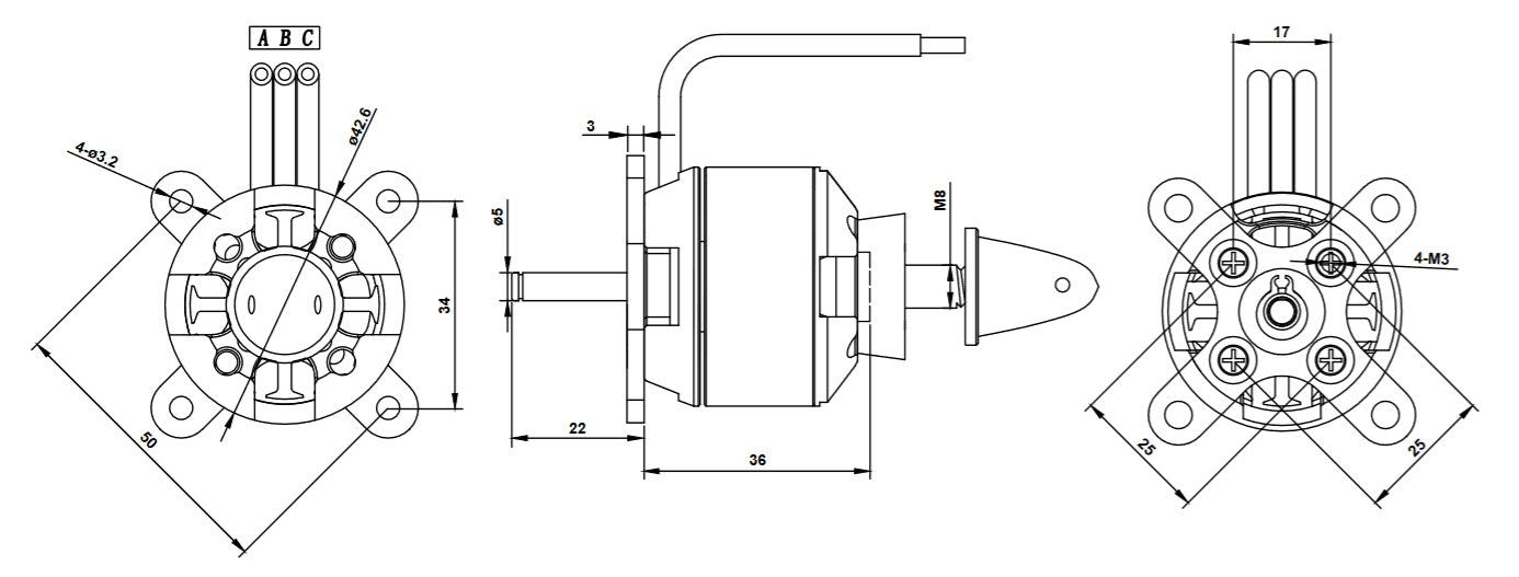 Overlander Tornado Thumper V3 4240/10 890KV - Brushless Outrunner RC Motor (IC 25 Equivalent) 2988 Dimensions