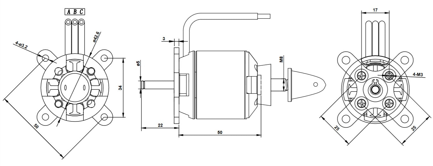 Overlander Tornado Thumper V3 4250/06 800KV - Brushless Outrunner RC Motor (IC 60 Equivalent) 3217 Dimensions