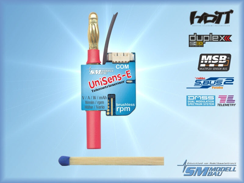 SM MODELL BAU UniSens-E RC Telemetry Sensor 140A / 4mm Gold Version SM3102 product with match stick for scale of size
