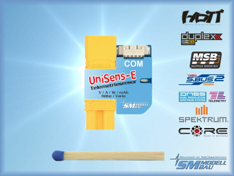 SM MODELL BAU UniSens-E RC Telemetry Sensor 55 A / XT30 Version SM3107 product with match stick for size scale