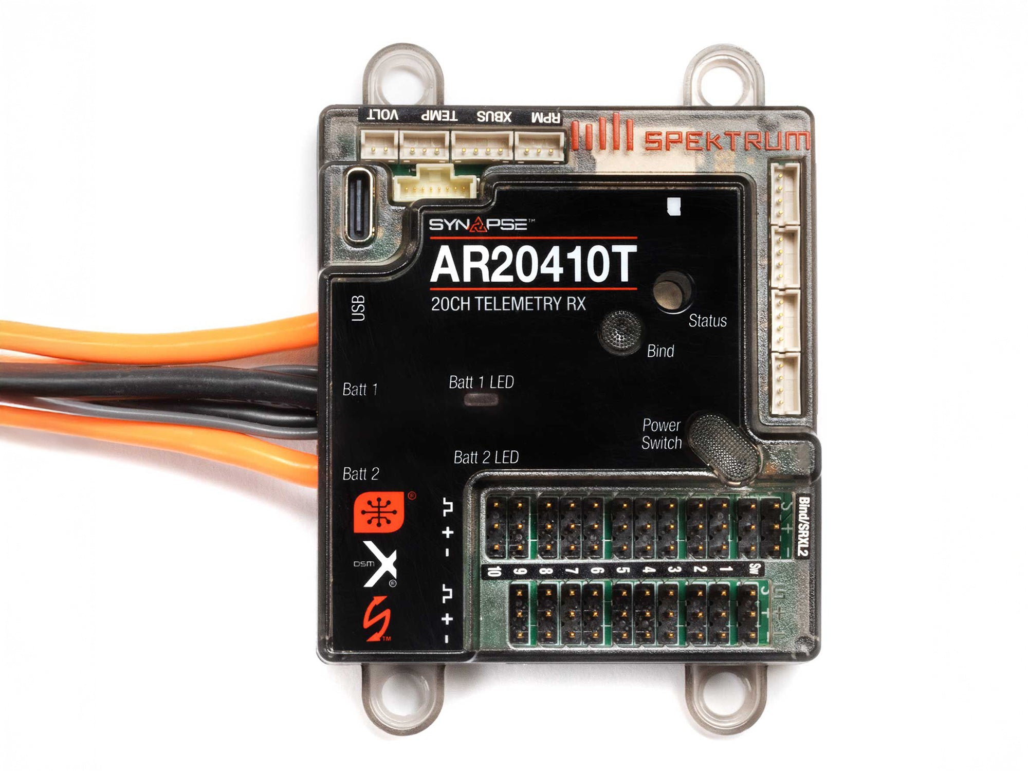 Spektrum AR20410T 20-Channel PowerSafe Telemetry Receiver SPMAR20410T Front Top View with all inputs and outputs on display show