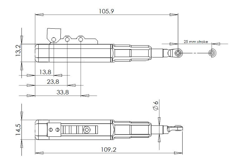 Electron Linear Actuator 30mm Travel Dimensions