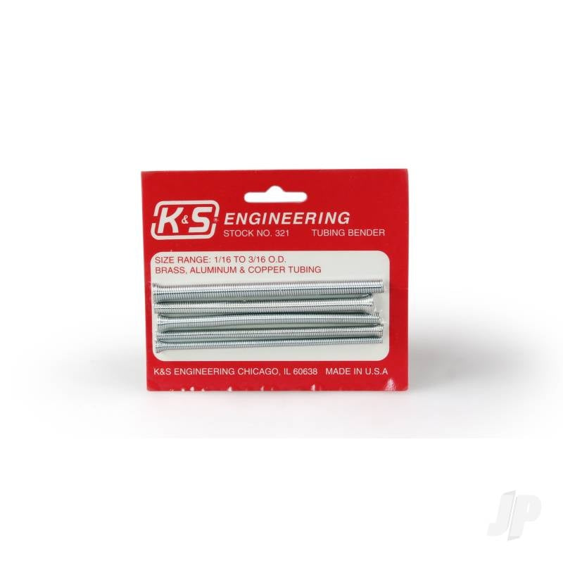 K&S Tubing Bender Spring Kit Brass, Aluminium, Copper Tubing (KNS321) Tube benders that handle sizes to 3/16ins O.D. Bends tubing without crimping. Simply slide the appropriate size bender over your tube and start the bending process. Key Features Length