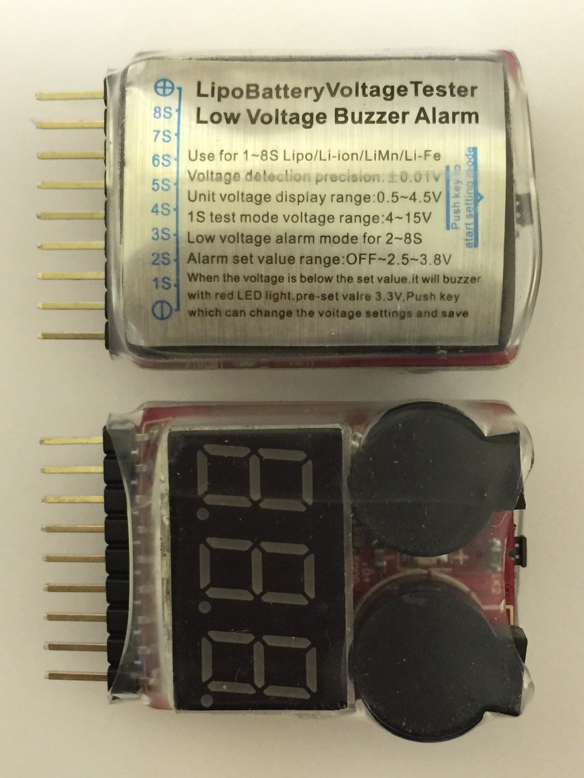 RC 1-8S Lipo/Li-ion/Fe Battery Voltage Tester – 2-in-1 Low Voltage Alarm