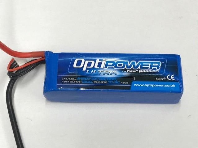 Optipower LiPo Battery 2150mAh 3S 50C OPR21503S50    2150mah 3S pack rated at 50C continuous, with a burst of 100C