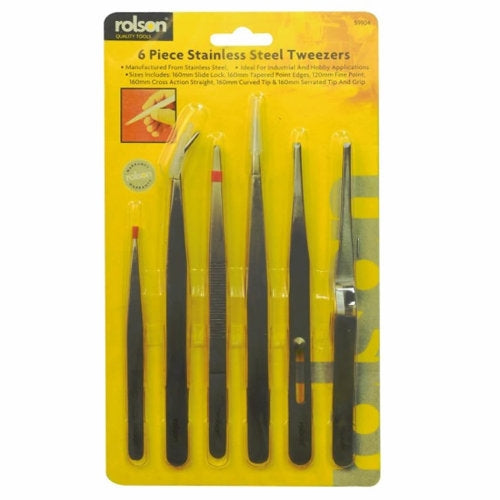 6 Piece Stainless Steel Tweezer Set Metal Tweezers Diy Arts Crafts Rolson 59104