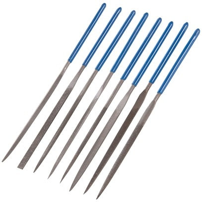 Silverline Needle File Set 10 Piece MS100 Assorted 140 x 3mm needle files with high-grip vinyl handles. Includes flat parallel, flat taper, round, knife, half-round, 3-square and square files. Supplied in storage wallet. Box Contents Flat taper file Round