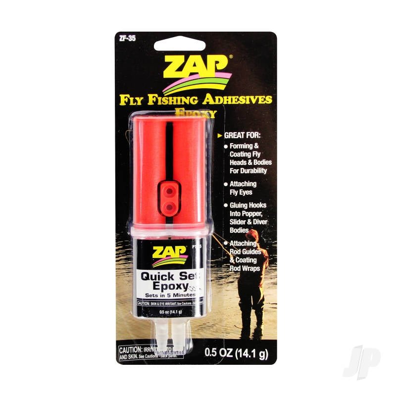 ZAP Fly Fishing Adhesives Quick Set Epoxy 5 Minute (0.5oz, 14.1g) ZF-35   Product Description   Zap Fly Fishing Adhesive Epoxy is ideal for numerous indoor and outdoor fly tying and fly fishing bonds and repairs. This epoxy automatically dispenses into eq