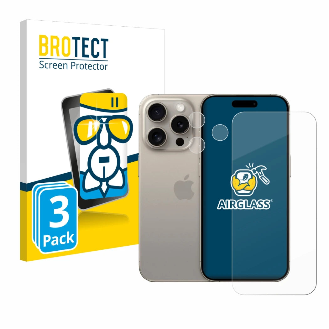 3 Pack BROTECT AirGlass Glass Screen Protector & Anti-Fingerprint for IPhone 15 Pro inc Front+Camera 3850818