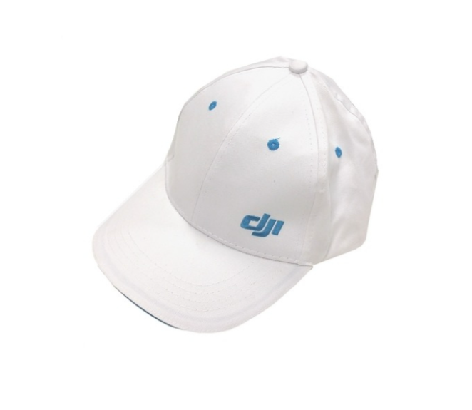 White DJI Cotton Baseball Cap with Blue Embroidered Logo, Adjustable Fit