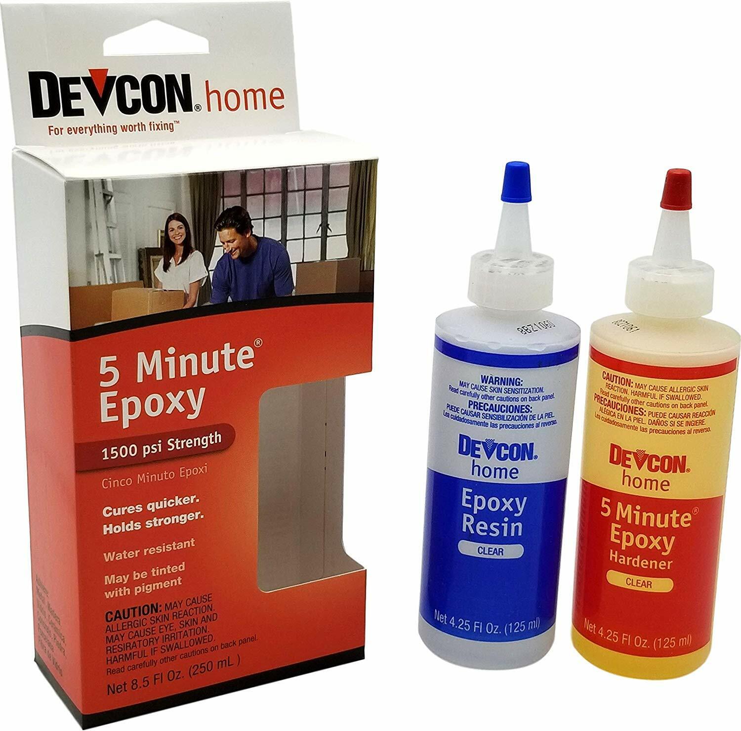 Devcon 9oz 5 Minute Epoxy (Bottle) DEV20945 Nexus Model Shop Modelling Models Northampton Packaging showing contents of box