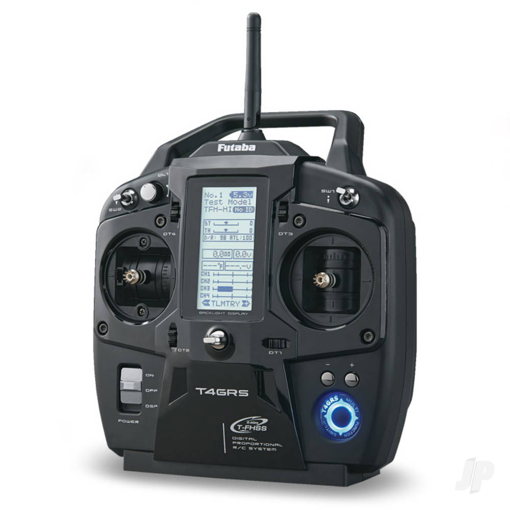 Futaba T4GRS 2.4GHz T-FHSS 4-Channel Combo Including R304SB With Telemetry at an angle to show side profile but from the front