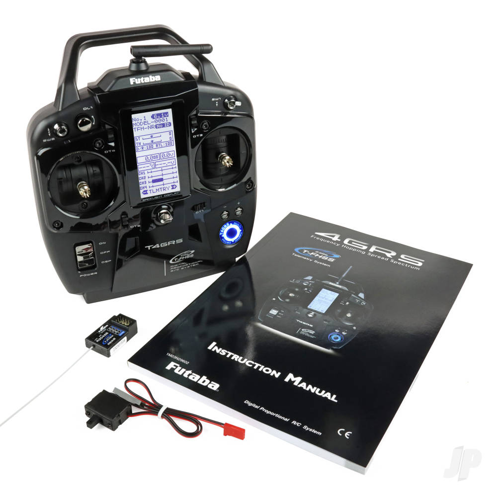 Futaba T4GRS 2.4GHz T-FHSS 4-Channel Combo Including R304SB With Telemetry showing radio, receiver, switch and instructions 