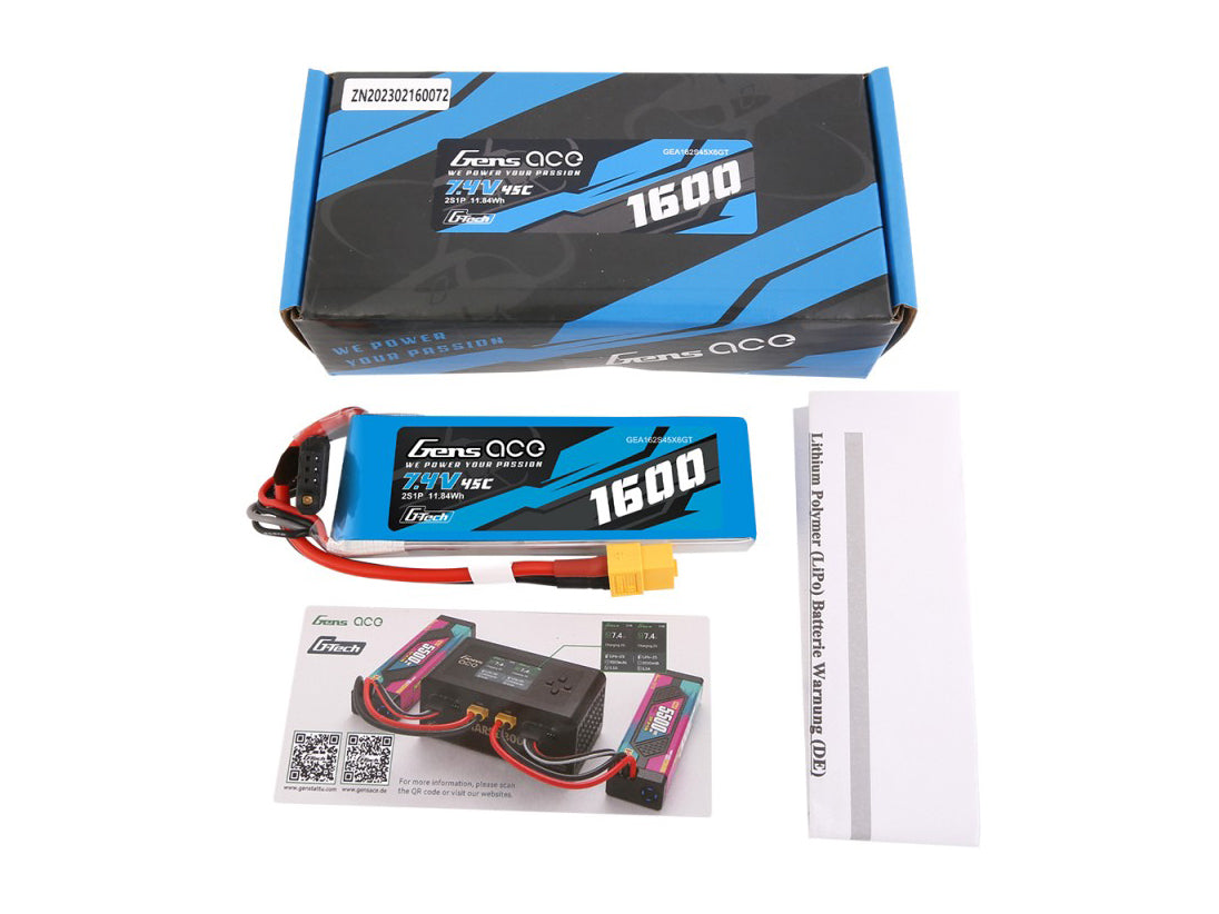 Gens Ace Li-Po G-Tech 2S 7.4V 1600mAh 45C with XT60 GT2S1600-45X6