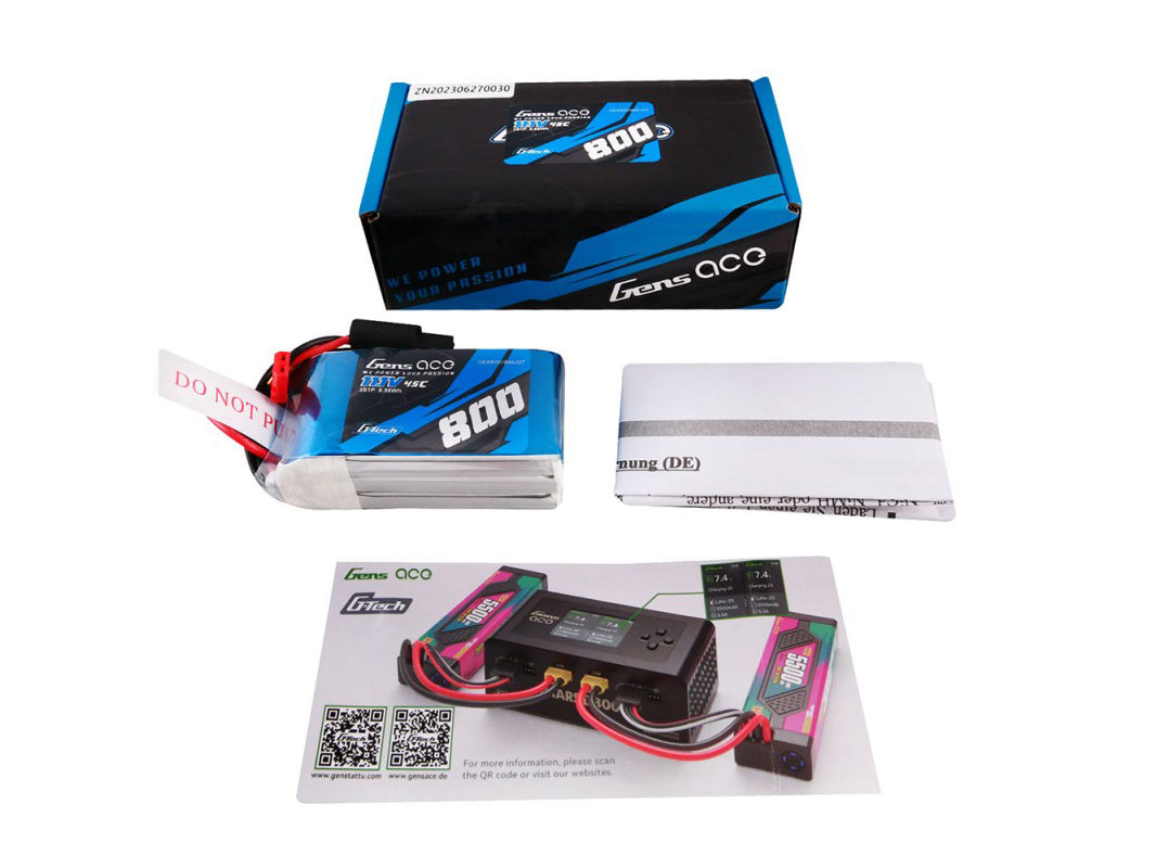 Gens Ace Li-Po G-Tech 3S 11.1V 800mAh 45C with JST GT3S0800-45JST