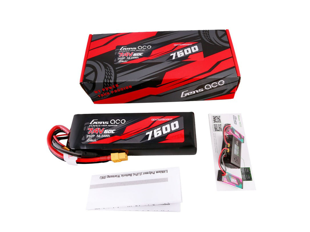 Gens Ace Li-Po G-Tech Car 2S 7.4V 7600mah 60C with XT60 GTC2S7600-60X6