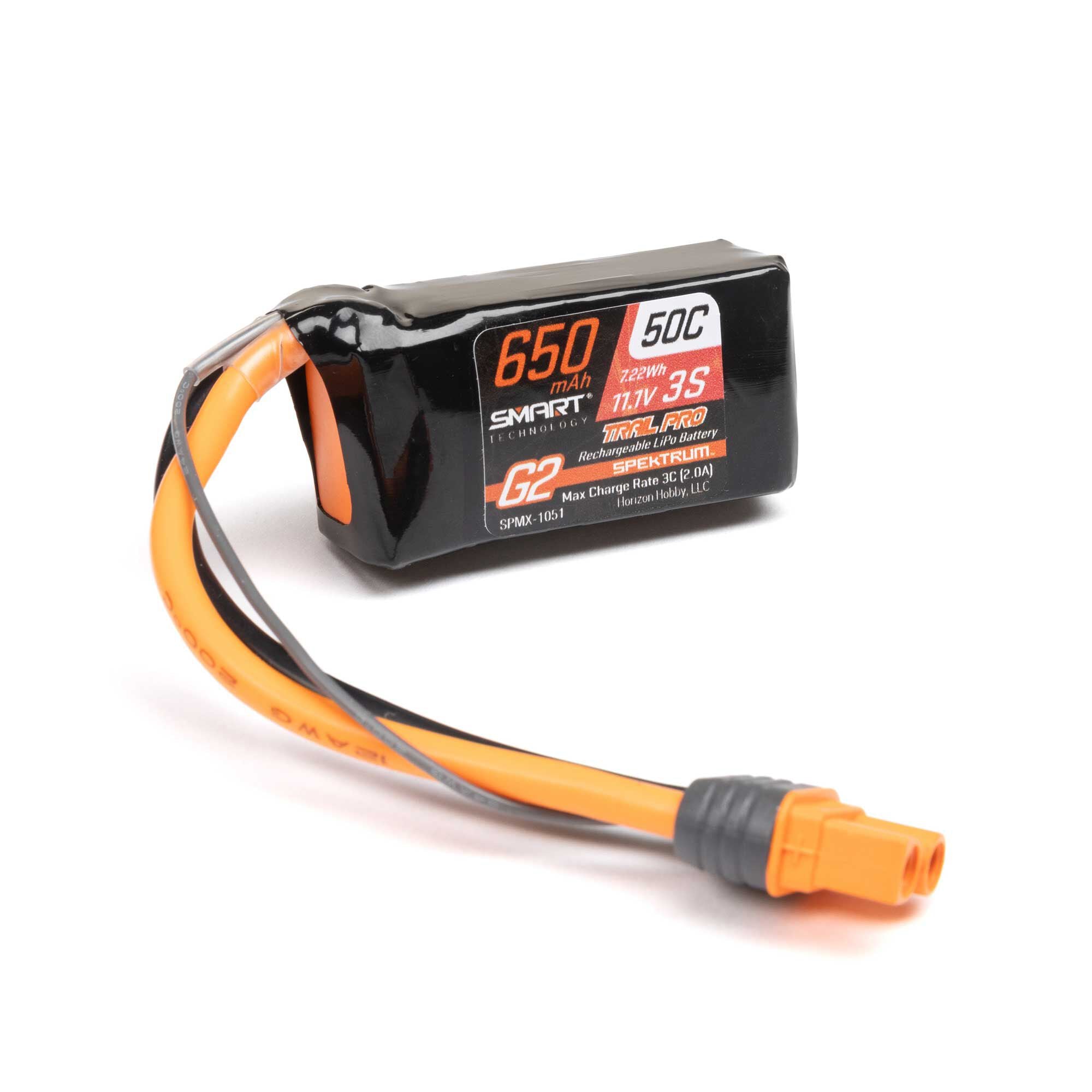 Spektrum 11.1V 650mAh 3S 50C Smart G2 Trail Pro LiPo Battery: IC2 SPMX-1051