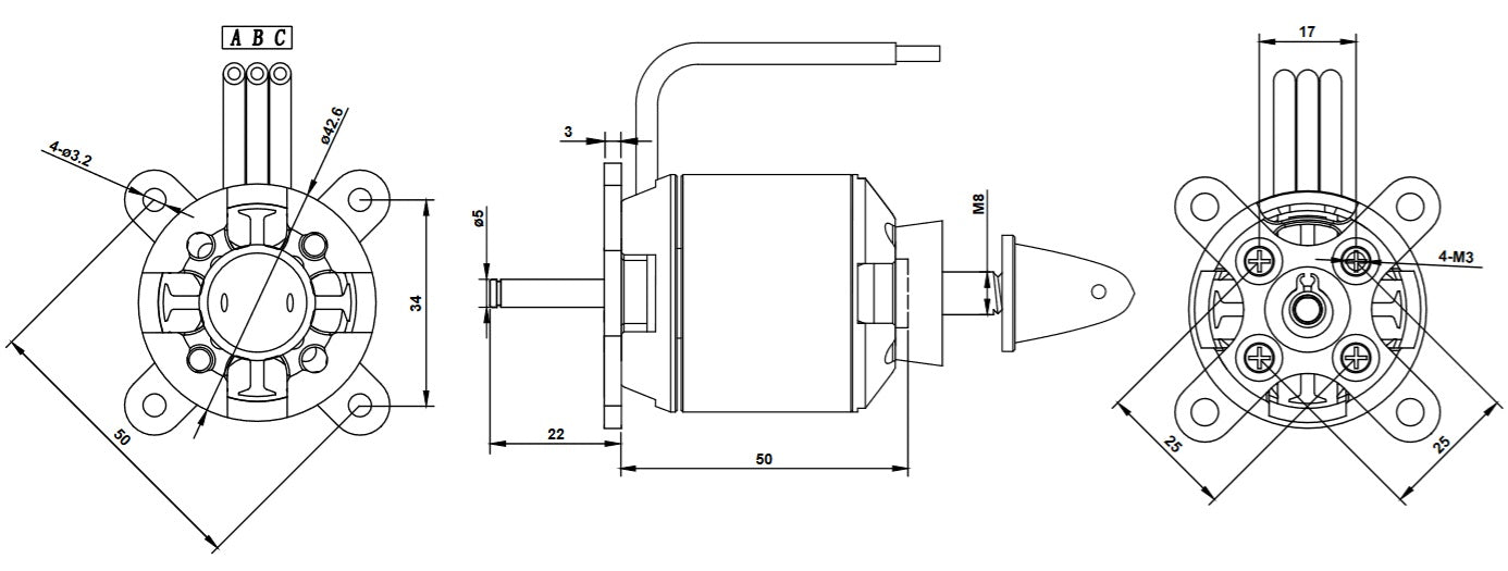 Overlander 4260/06 500KV Tornado Thumper V3 - Brushless Outrunner RC Motor (IC 46 Equivalent) 2985 Dimensions
