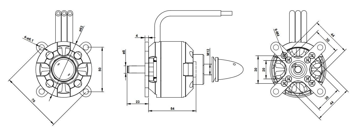 Overlander 6354/16 200KV Tornado Thumper V3 - Brushless Outrunner RC Motor (IC 1.10 Equivalent) 3103 Dimensions