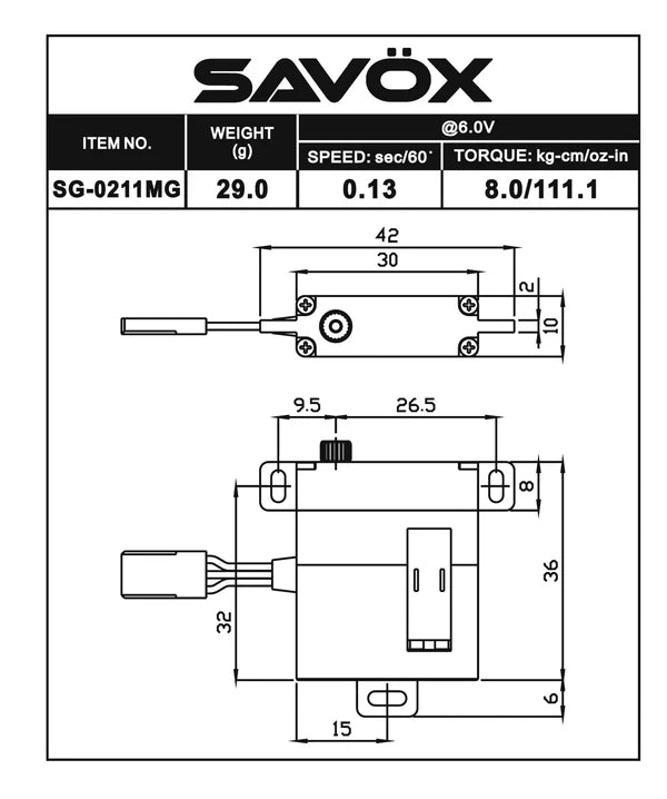 Savox Low Profile Glider Digital Servo 8kg/0.13@6v SG0211MG SAV-SG0211MG