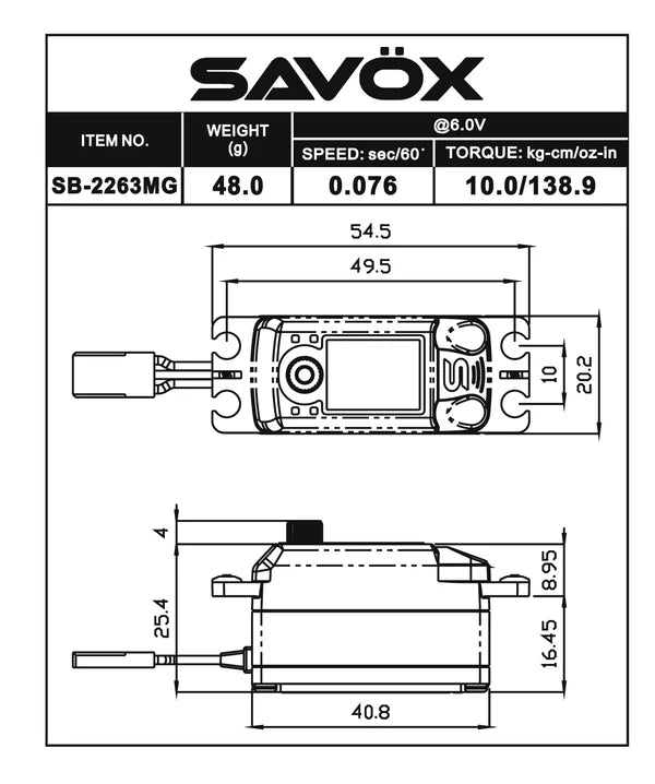 Savox SB2263MGB Low Profile Brushless Digital Servo 10kg/0.076s@6.0v - Black SAV-SB2263MGB