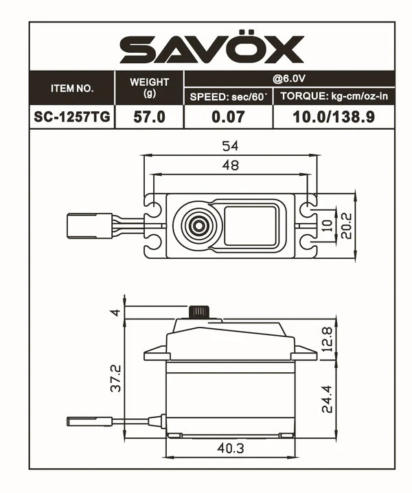 Savox SC1257TGB High Torque Coreless Digital Servo 10kg@6.0v - Black SAV-SC1257TGB