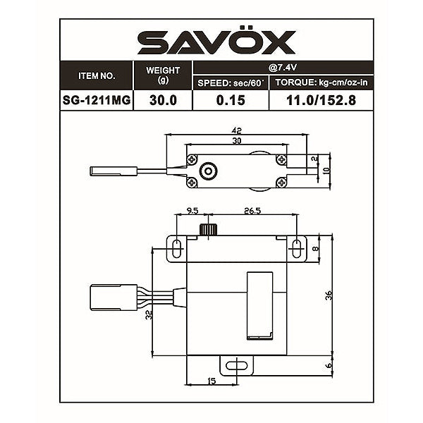 Savox SG-1211MG High Voltage Glider Digital Glider Servo 11kg/0.15@7.4v Dimensions