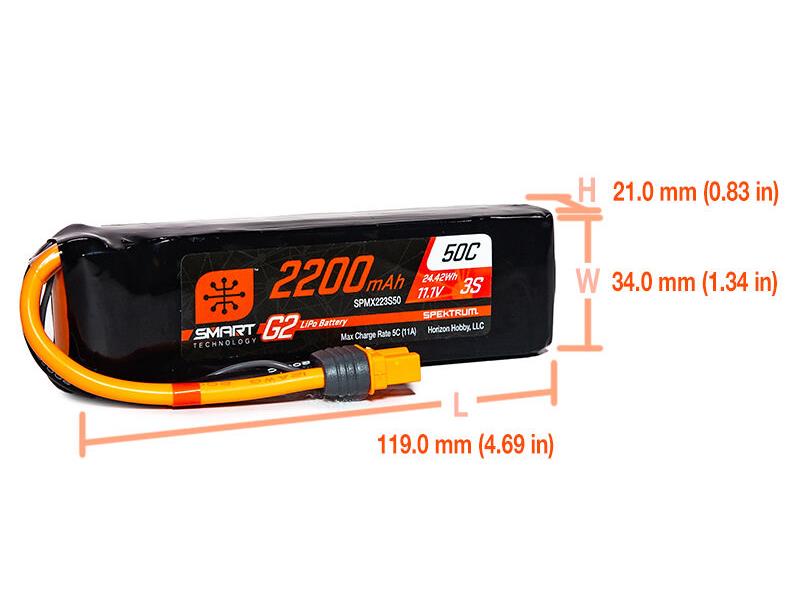 Dimensions for Spektrum 2200mAh 3S 11.1V SMART G2 50C IC3 SPMX223S50