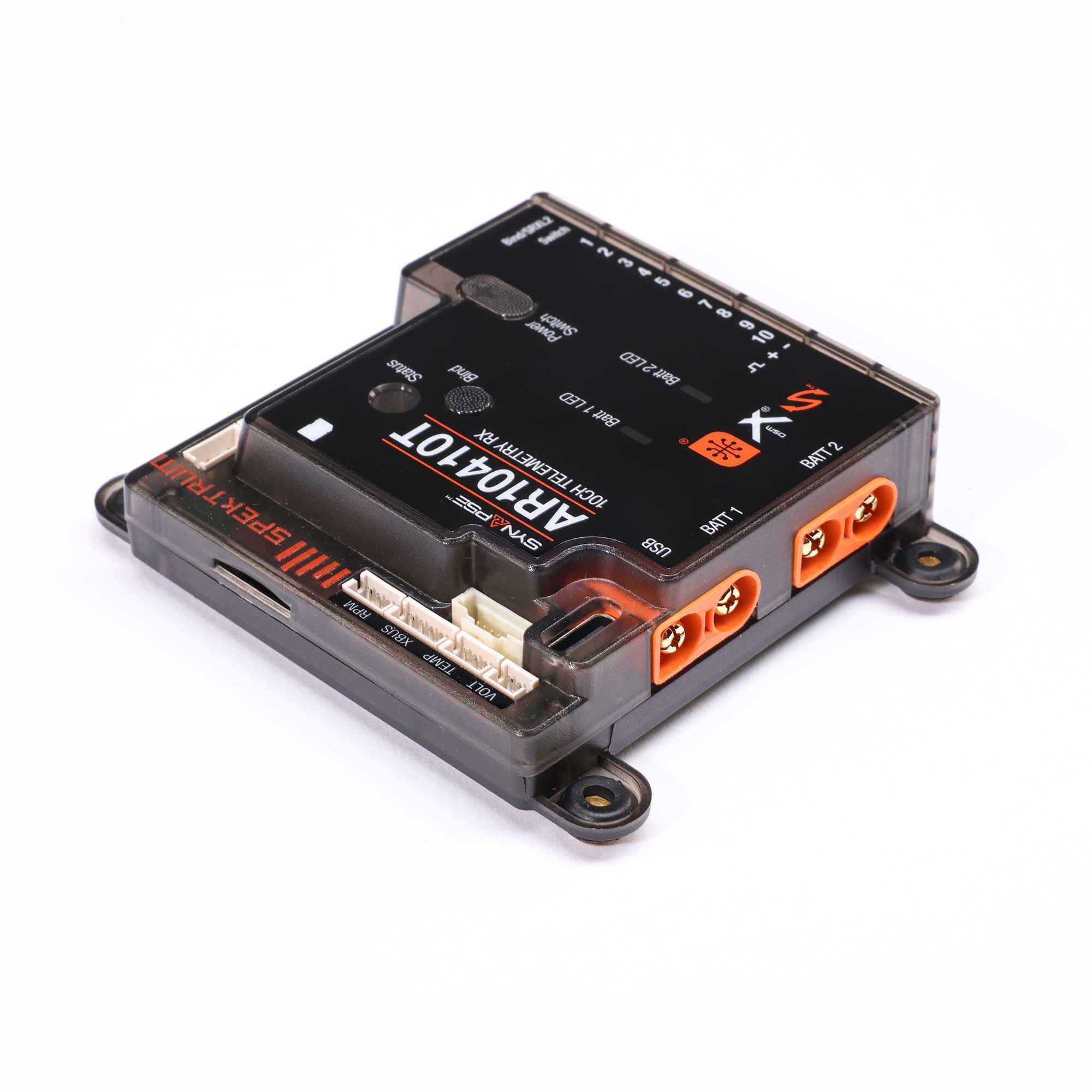 Spektrum AR10410T 10-Channel PowerSafe Telemetry Receiver SPMAR10410T showing top and side with inputs and outputs connectors