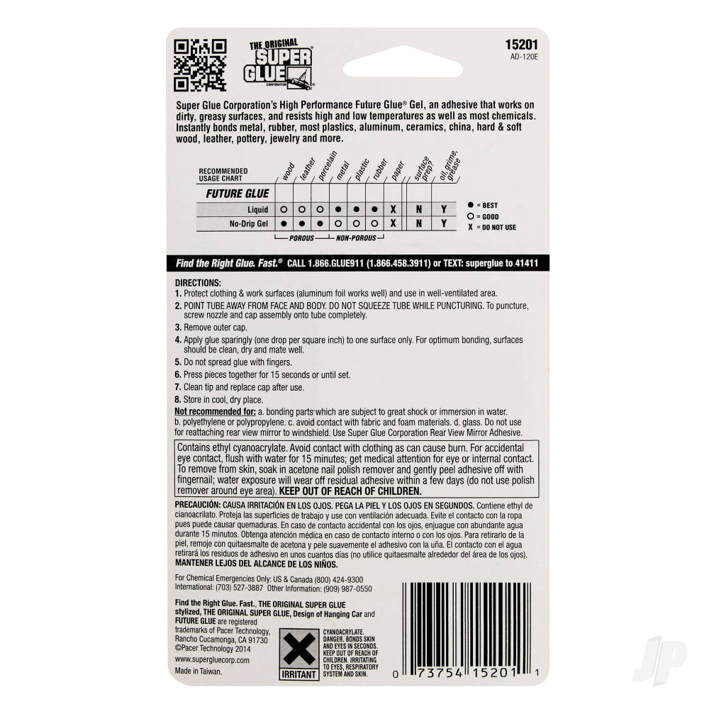 Super Glue Future Glue Gel 2-Pack (2x 0.07oz, 2g) SUP15201 back of packaging