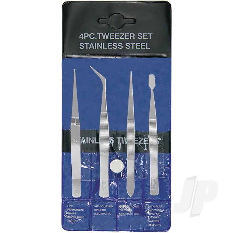 Excel 4-Piece Stainless Steel Tweezer Set with Pointed, Self Closing, Stamp, Curved (4pcs) (Pouch) EXL30416