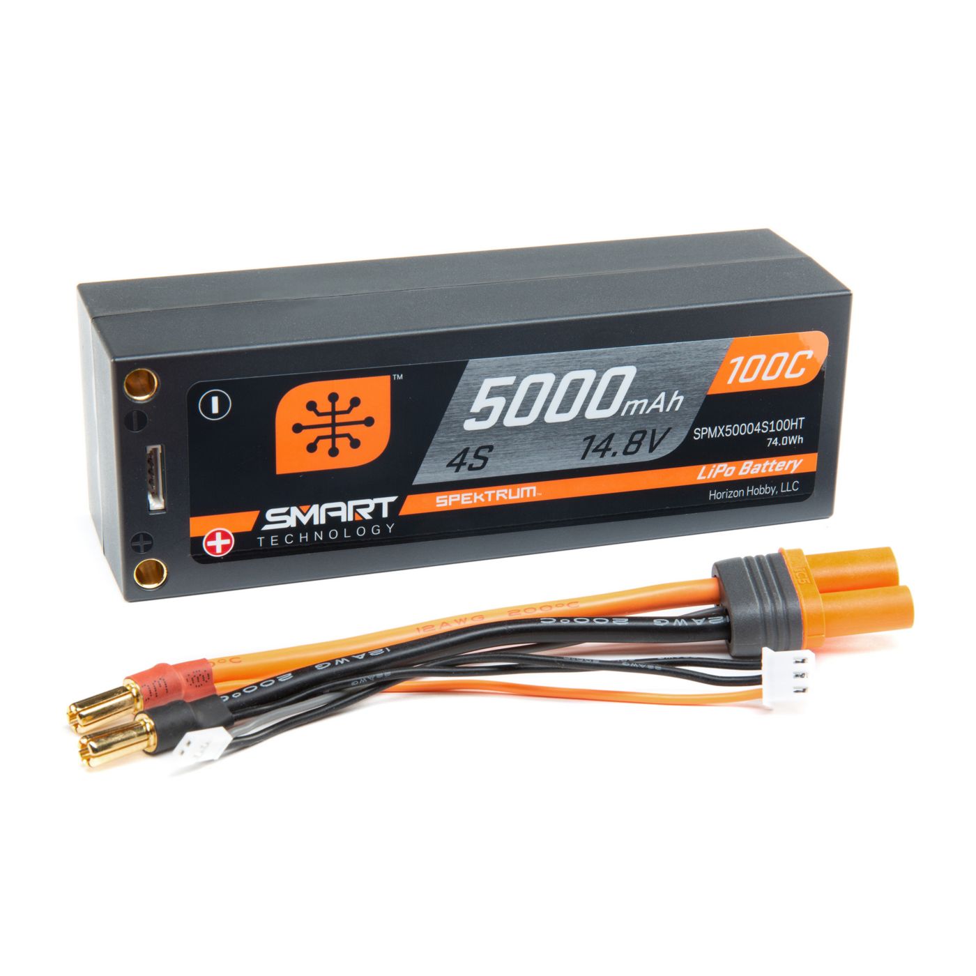 Spektrum 5000mAh 4S 14.8V 100C Smart LiPo Hardcase Short 5mm Tubes SPMX50004S100HT