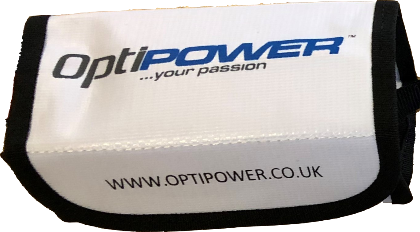 OPTIPOWER LiPo bag for improved safety during charging of lithium cells. 16cm x 7.5cm x 6.5cm OPRLP5014SB