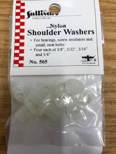 Sullivan Nylon Shoulder Washers SLN565 Nylon shoulder washers are useful for bearings, through-hole guides and electrical insulators. Four each of four standard IDs: 1/8”, 5/32”, 3/16” and 1/4” (3,0, 4,0, 4,8 and 6,3 mm).